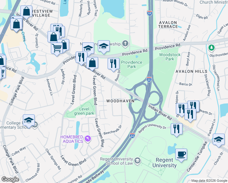 map of restaurants, bars, coffee shops, grocery stores, and more near 1020 Reon Drive in Virginia Beach