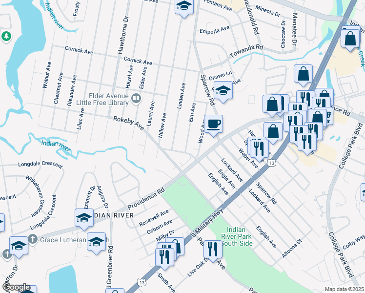 map of restaurants, bars, coffee shops, grocery stores, and more near 1619 Elm Avenue in Chesapeake