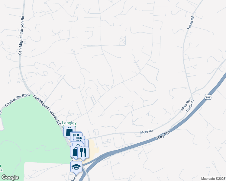 map of restaurants, bars, coffee shops, grocery stores, and more near 7509 Langley Canyon Road in Salinas