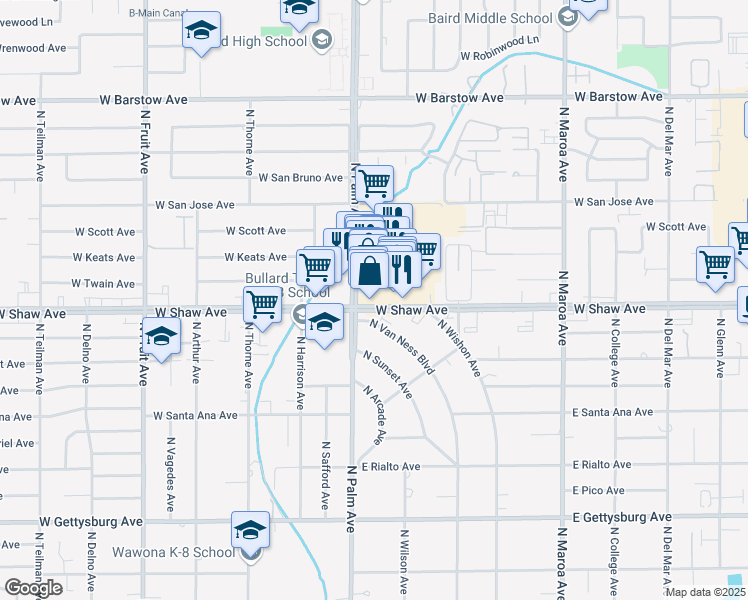 map of restaurants, bars, coffee shops, grocery stores, and more near 790 West Shaw Avenue in Fresno