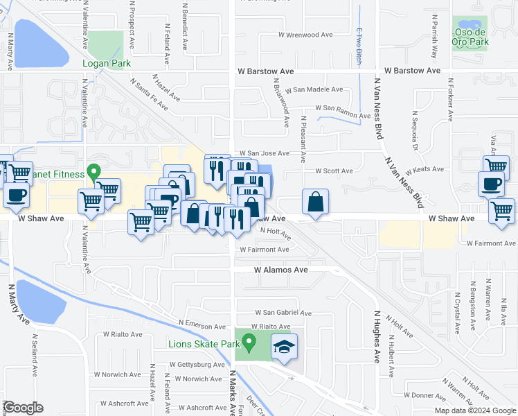 map of restaurants, bars, coffee shops, grocery stores, and more near 2700 West Shaw Avenue in Fresno