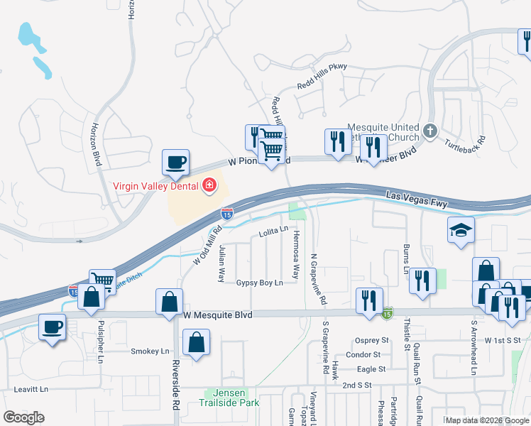 map of restaurants, bars, coffee shops, grocery stores, and more near 687 Prosperity Lane in Mesquite