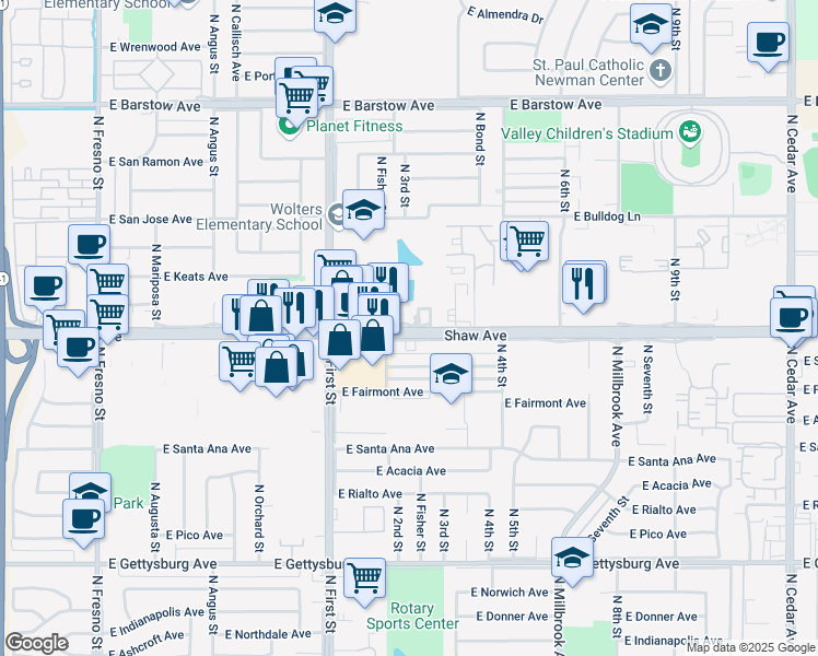 map of restaurants, bars, coffee shops, grocery stores, and more near 1136 Shaw Avenue in Fresno