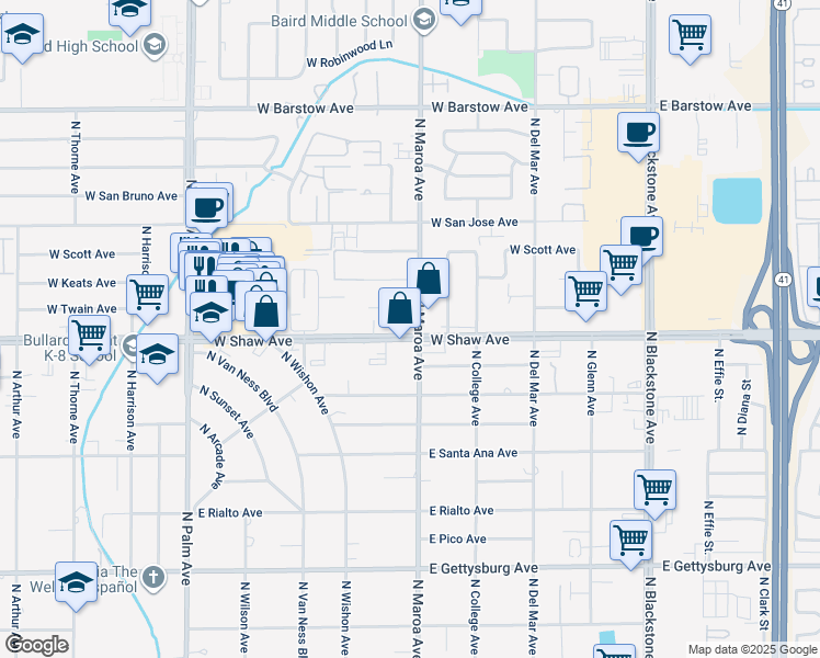 map of restaurants, bars, coffee shops, grocery stores, and more near 422 West Shaw Avenue in Fresno