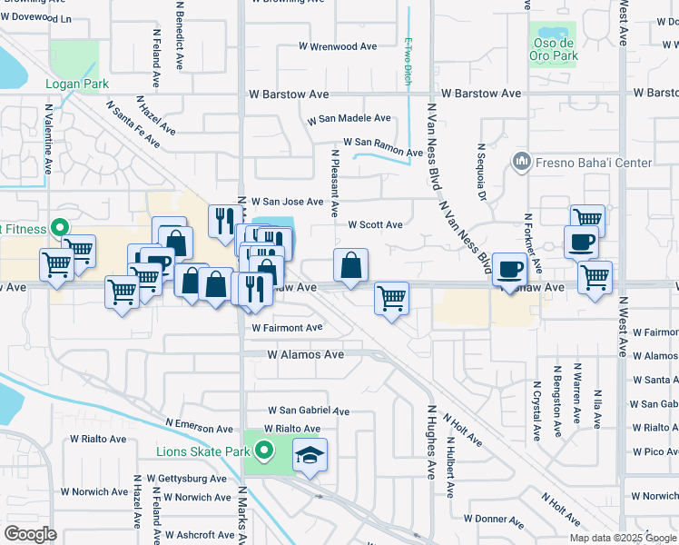 map of restaurants, bars, coffee shops, grocery stores, and more near 2586 West Shaw Avenue in Fresno