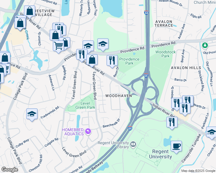 map of restaurants, bars, coffee shops, grocery stores, and more near 1021 Reon Drive in Virginia Beach