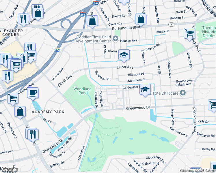 map of restaurants, bars, coffee shops, grocery stores, and more near 350 Goldenstar Lane in Portsmouth