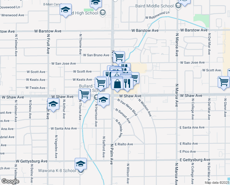 map of restaurants, bars, coffee shops, grocery stores, and more near 790 West Shaw Avenue in Fresno