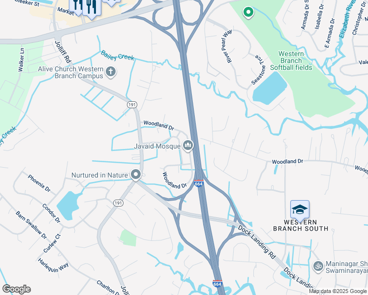 map of restaurants, bars, coffee shops, grocery stores, and more near 1813 Quivers Keep in Chesapeake