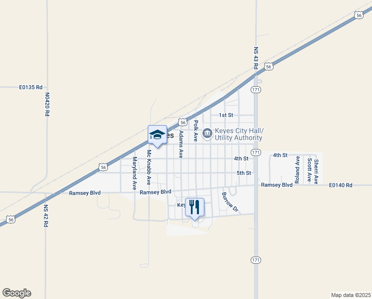 map of restaurants, bars, coffee shops, grocery stores, and more near 311 Adams Avenue in Keyes
