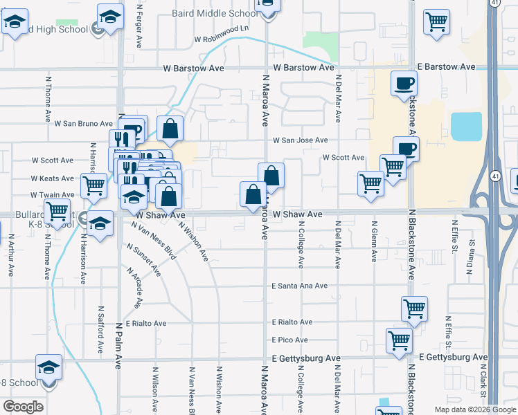 map of restaurants, bars, coffee shops, grocery stores, and more near 422 West Shaw Avenue in Fresno