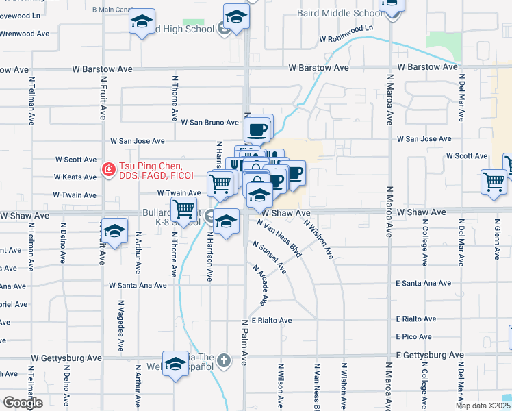 map of restaurants, bars, coffee shops, grocery stores, and more near 774 West Shaw Avenue in Fresno