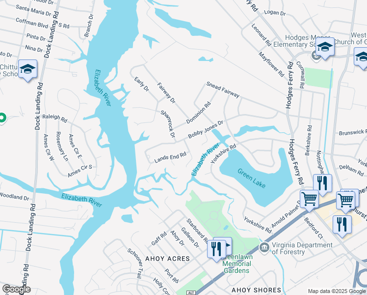 map of restaurants, bars, coffee shops, grocery stores, and more near 402 Leavell Road in Portsmouth