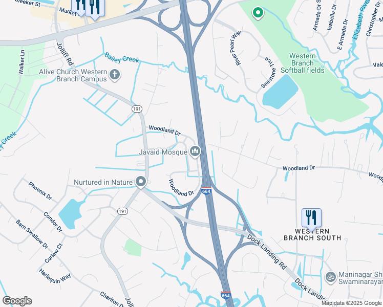 map of restaurants, bars, coffee shops, grocery stores, and more near 1813 Quivers Keep in Chesapeake