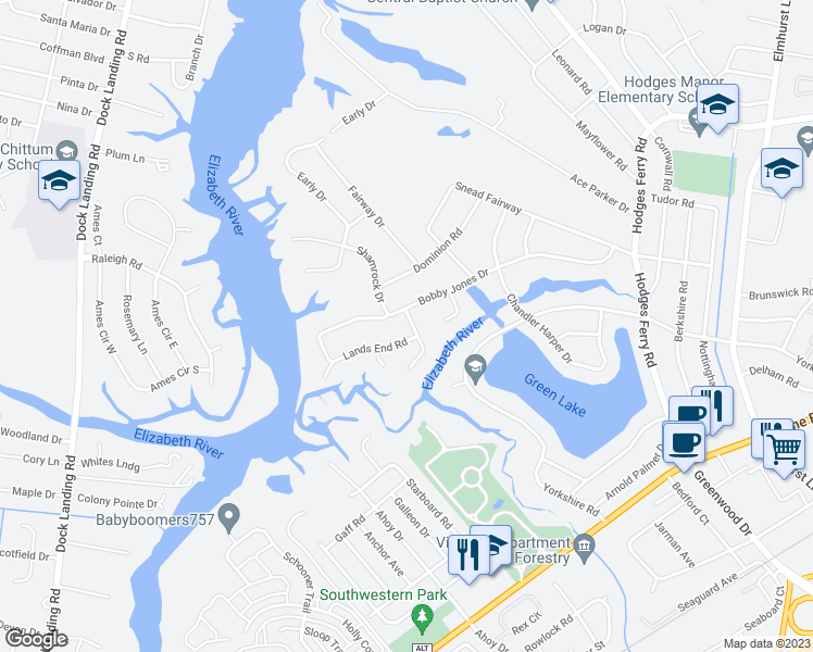 map of restaurants, bars, coffee shops, grocery stores, and more near 402 Leavell Road in Portsmouth