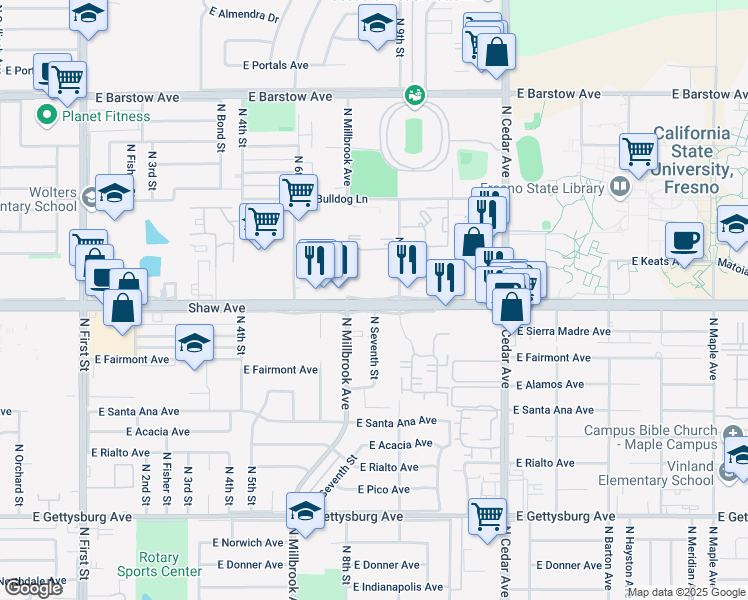 map of restaurants, bars, coffee shops, grocery stores, and more near 1530 East Shaw Avenue in Fresno