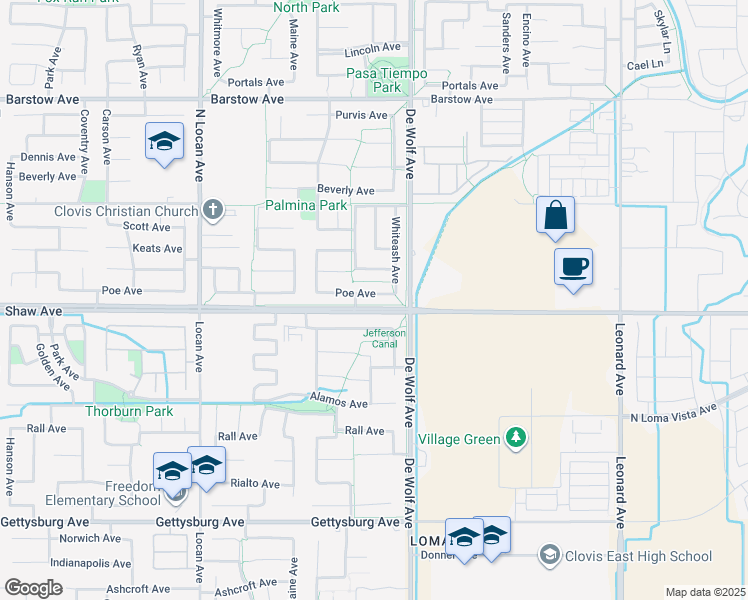 map of restaurants, bars, coffee shops, grocery stores, and more near 3348 Poe Avenue in Clovis