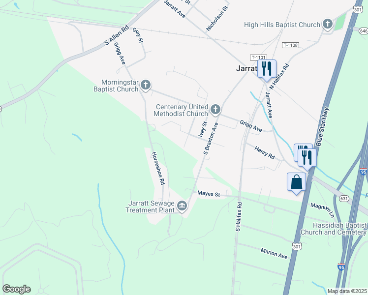 map of restaurants, bars, coffee shops, grocery stores, and more near 410 Susan Street in Jarratt