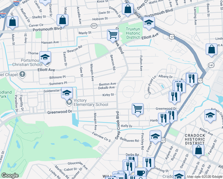 map of restaurants, bars, coffee shops, grocery stores, and more near 16 Kirby Street in Portsmouth