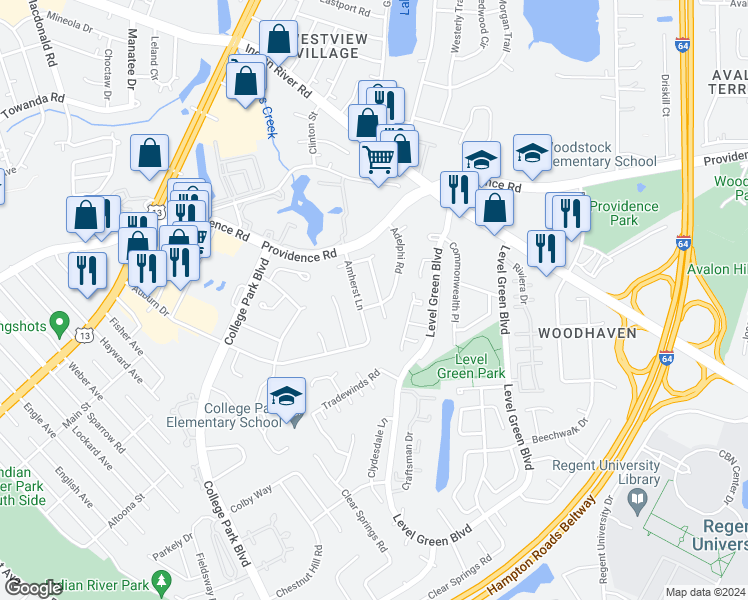 map of restaurants, bars, coffee shops, grocery stores, and more near 929 Amherst Lane in Virginia Beach
