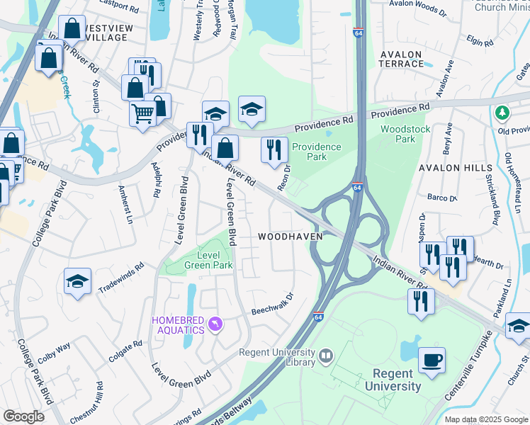map of restaurants, bars, coffee shops, grocery stores, and more near 1021 Reon Drive in Virginia Beach
