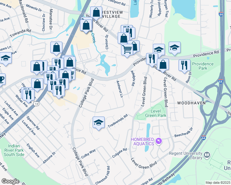 map of restaurants, bars, coffee shops, grocery stores, and more near 1008 Anderson Way in Virginia Beach