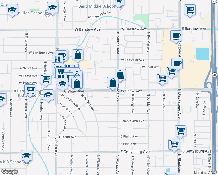 map of restaurants, bars, coffee shops, grocery stores, and more near 422 West Shaw Avenue in Fresno