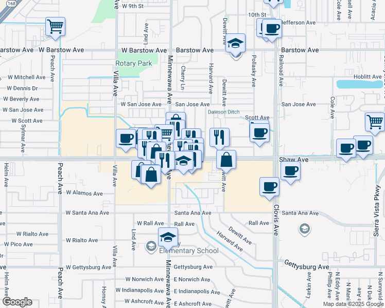 map of restaurants, bars, coffee shops, grocery stores, and more near 150-198 Shaw Avenue in Clovis