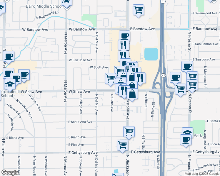 map of restaurants, bars, coffee shops, grocery stores, and more near 110 West Shaw Avenue in Fresno