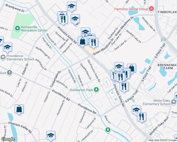 map of restaurants, bars, coffee shops, grocery stores, and more near 4615 Old Princess Anne Road in Virginia Beach