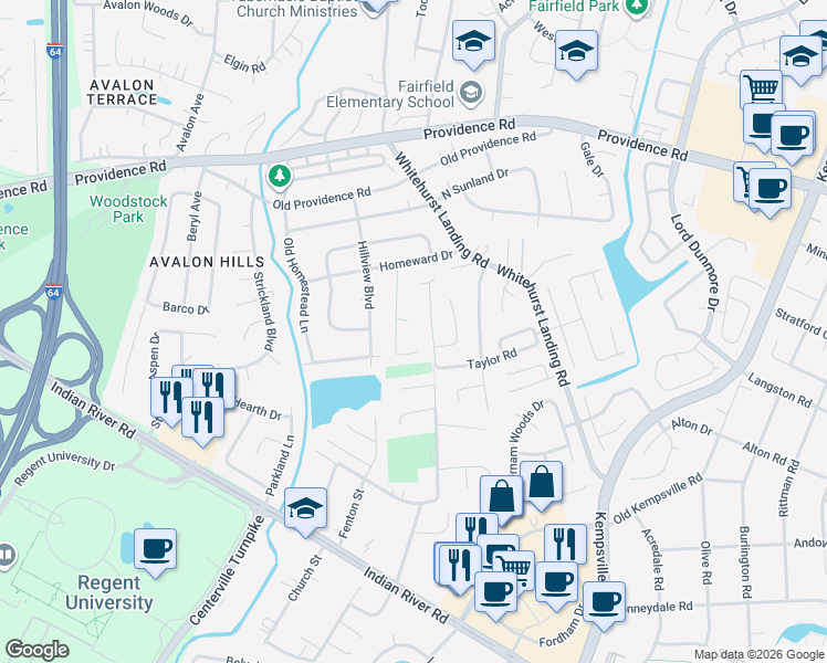 map of restaurants, bars, coffee shops, grocery stores, and more near 1120 Taylor Road in Virginia Beach
