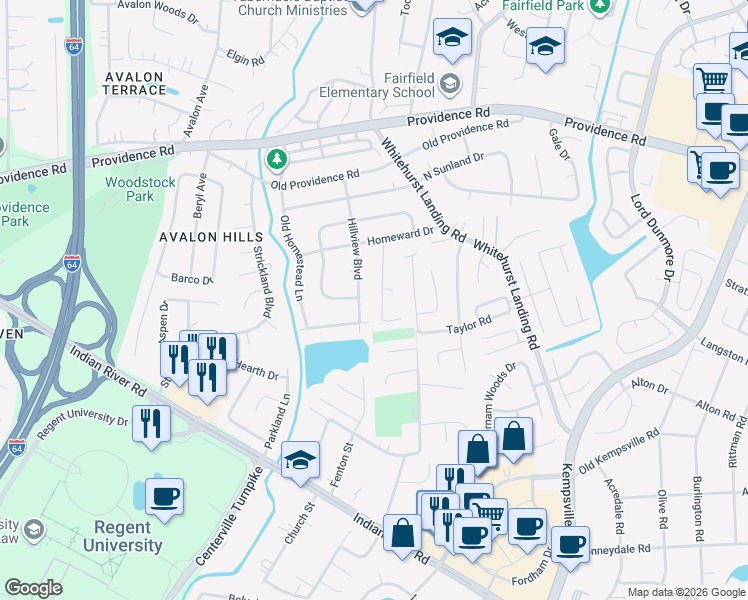 map of restaurants, bars, coffee shops, grocery stores, and more near 1033 Fireside Lane in Virginia Beach