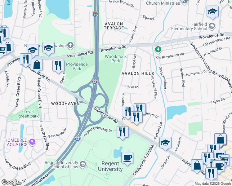 map of restaurants, bars, coffee shops, grocery stores, and more near 1021 Josephine Crescent in Virginia Beach
