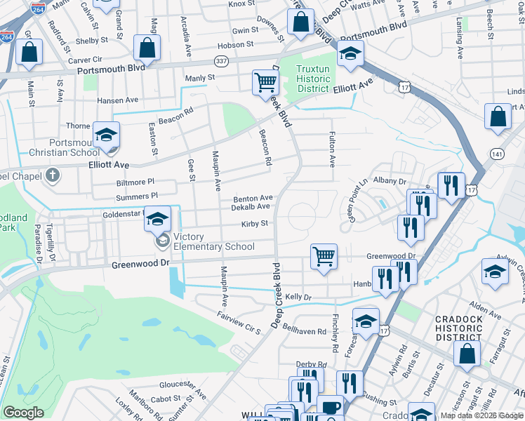 map of restaurants, bars, coffee shops, grocery stores, and more near 16 Kirby Street in Portsmouth