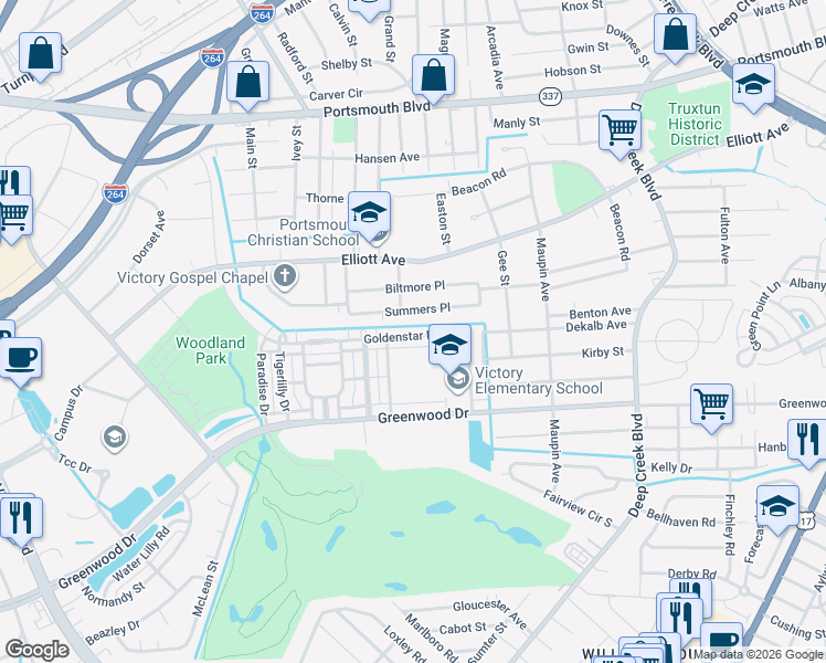 map of restaurants, bars, coffee shops, grocery stores, and more near 249 Goldenstar Lane in Portsmouth