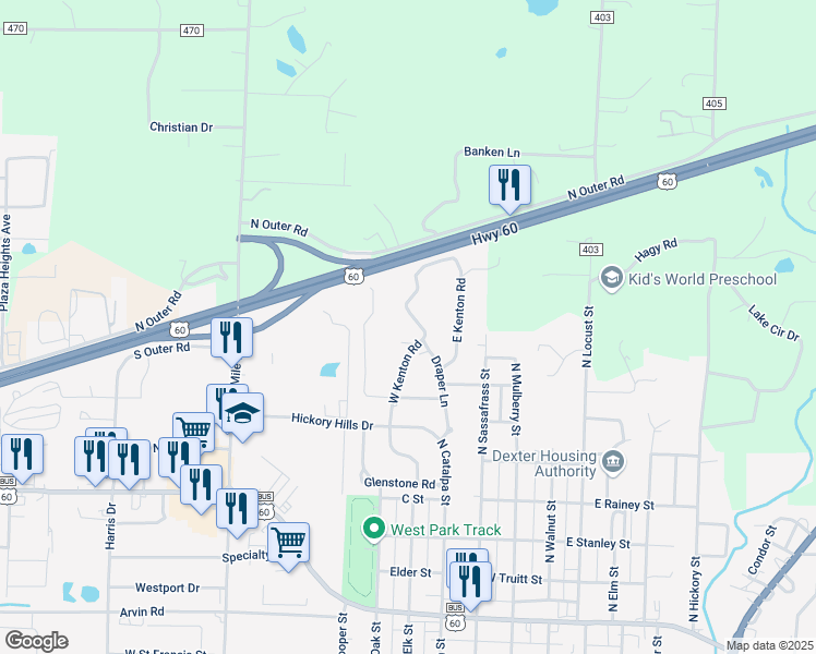 map of restaurants, bars, coffee shops, grocery stores, and more near 1311 West Kenton Road in Dexter