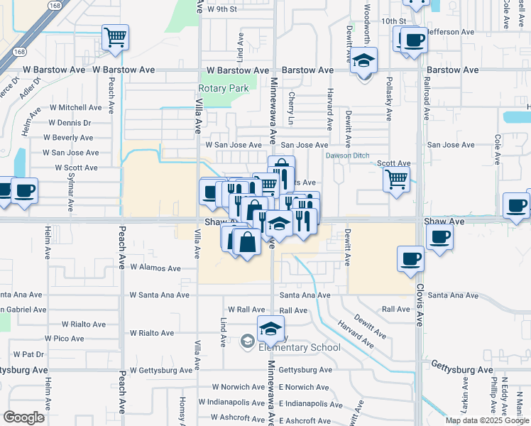 map of restaurants, bars, coffee shops, grocery stores, and more near in Clovis
