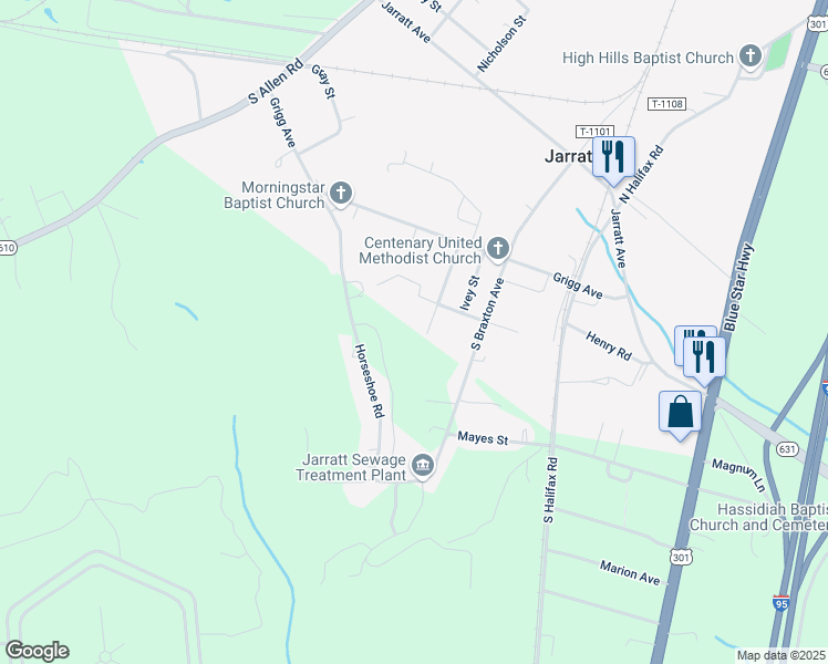 map of restaurants, bars, coffee shops, grocery stores, and more near 410 Susan Street in Jarratt