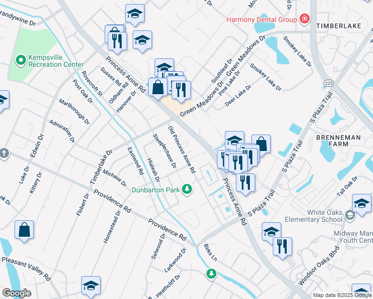 map of restaurants, bars, coffee shops, grocery stores, and more near 4616 Old Princess Anne Road in Virginia Beach