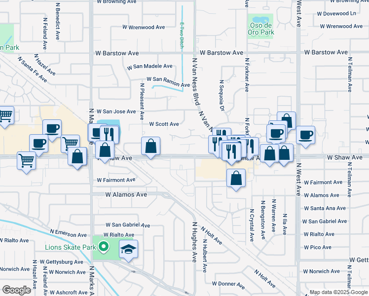 map of restaurants, bars, coffee shops, grocery stores, and more near 2440 West Shaw Avenue in Fresno
