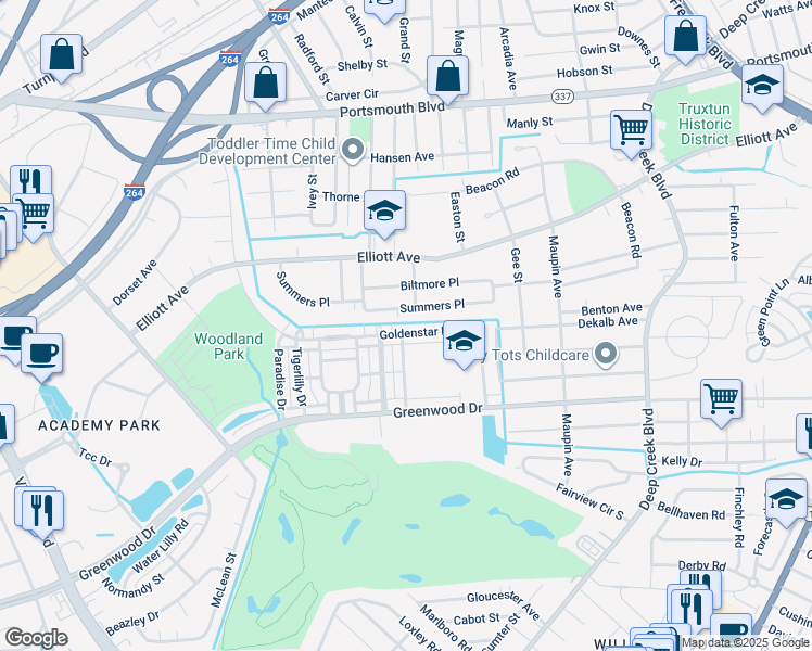 map of restaurants, bars, coffee shops, grocery stores, and more near 270 Goldenstar Lane in Portsmouth