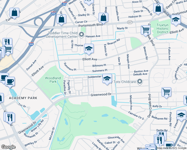 map of restaurants, bars, coffee shops, grocery stores, and more near 270 Goldenstar Lane in Portsmouth