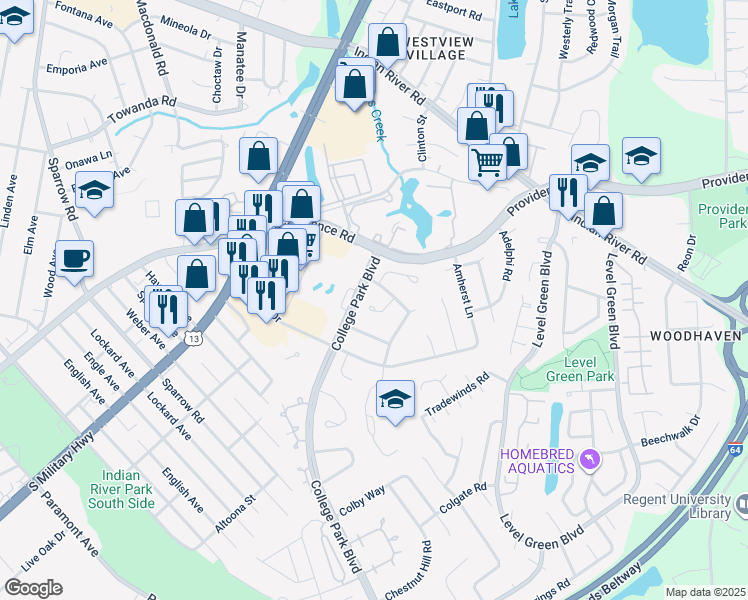 map of restaurants, bars, coffee shops, grocery stores, and more near 6313 Baylor Way in Virginia Beach