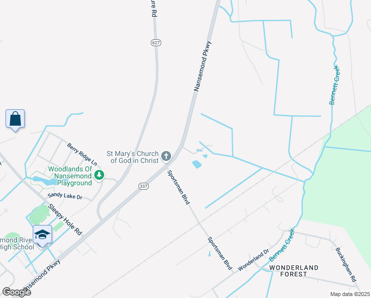 map of restaurants, bars, coffee shops, grocery stores, and more near 3702 Nansemond Parkway in Suffolk