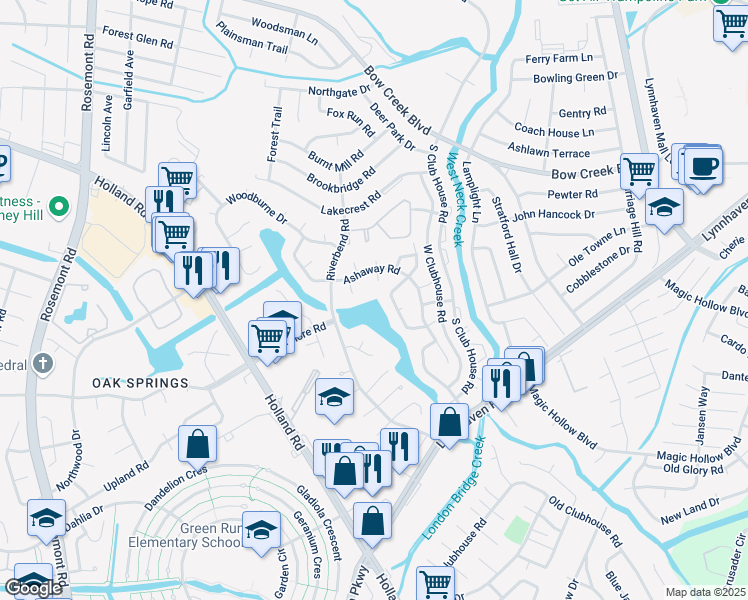 map of restaurants, bars, coffee shops, grocery stores, and more near 929 Pocasset Court in Virginia Beach