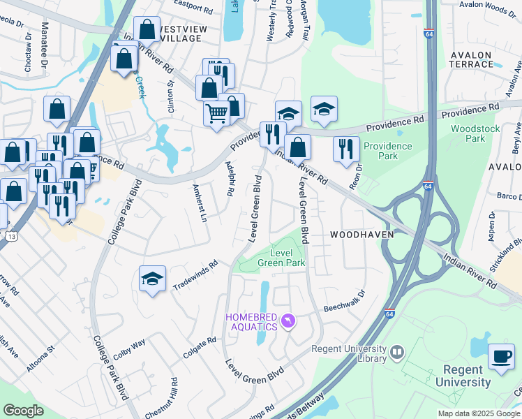 map of restaurants, bars, coffee shops, grocery stores, and more near 1002 Level Green Boulevard in Virginia Beach