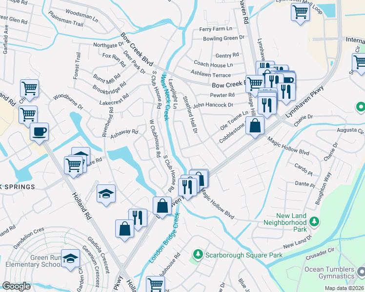 map of restaurants, bars, coffee shops, grocery stores, and more near 3125 Ole Towne Lane in Virginia Beach