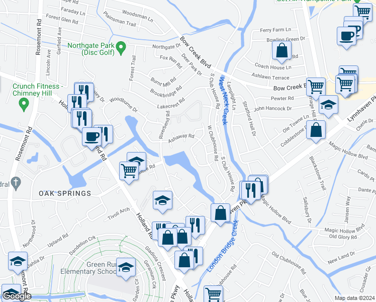 map of restaurants, bars, coffee shops, grocery stores, and more near 1029 Blue Spring Lane in Virginia Beach