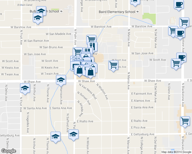 map of restaurants, bars, coffee shops, grocery stores, and more near 650 West Shaw Avenue in Fresno