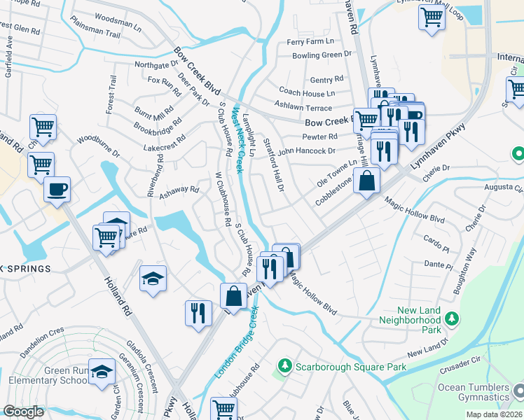 map of restaurants, bars, coffee shops, grocery stores, and more near 3125 Ole Towne Lane in Virginia Beach